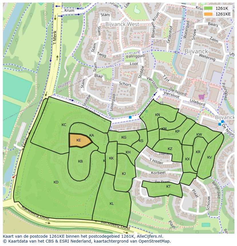 Afbeelding van het postcodegebied 1261 KE op de kaart.