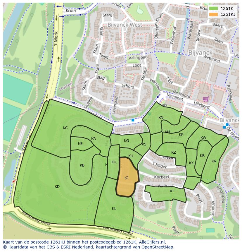 Afbeelding van het postcodegebied 1261 KJ op de kaart.
