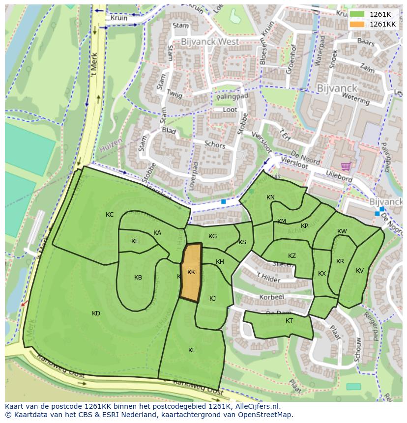 Afbeelding van het postcodegebied 1261 KK op de kaart.