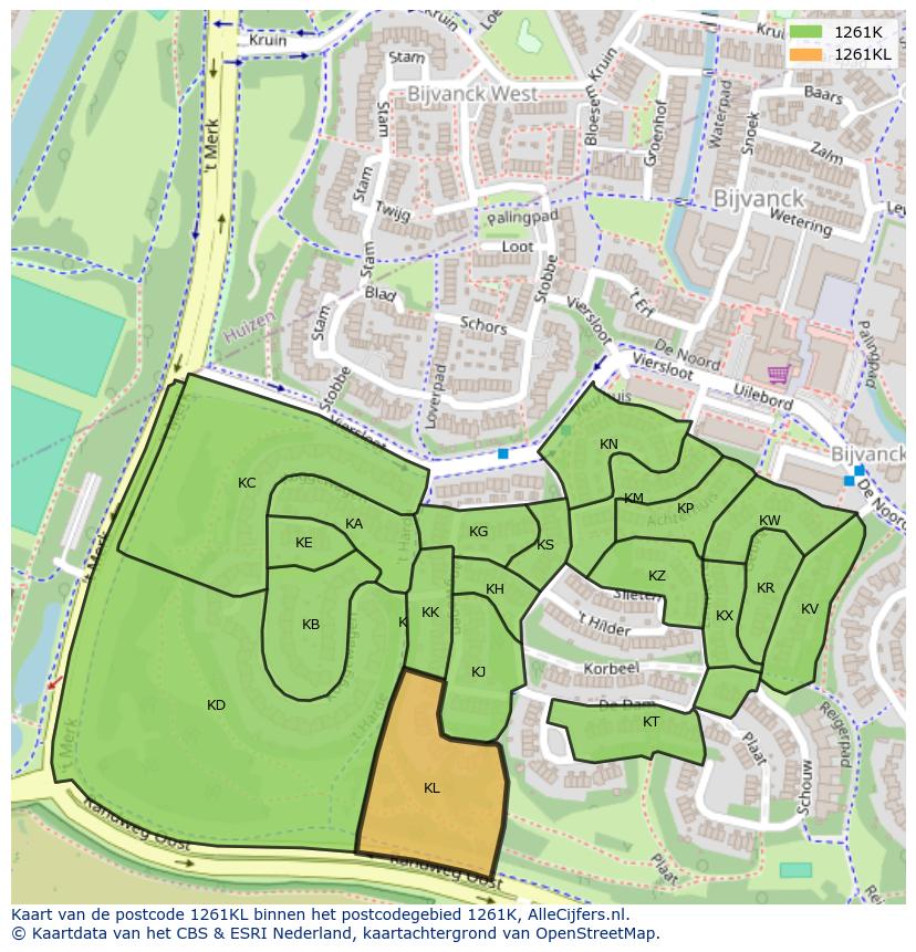 Afbeelding van het postcodegebied 1261 KL op de kaart.