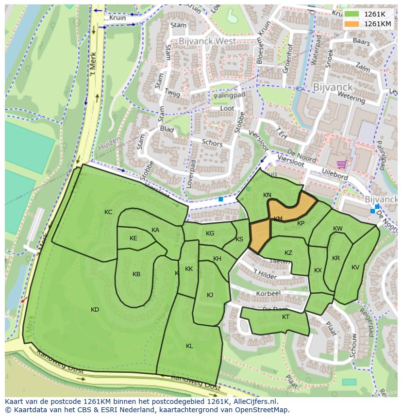 Afbeelding van het postcodegebied 1261 KM op de kaart.