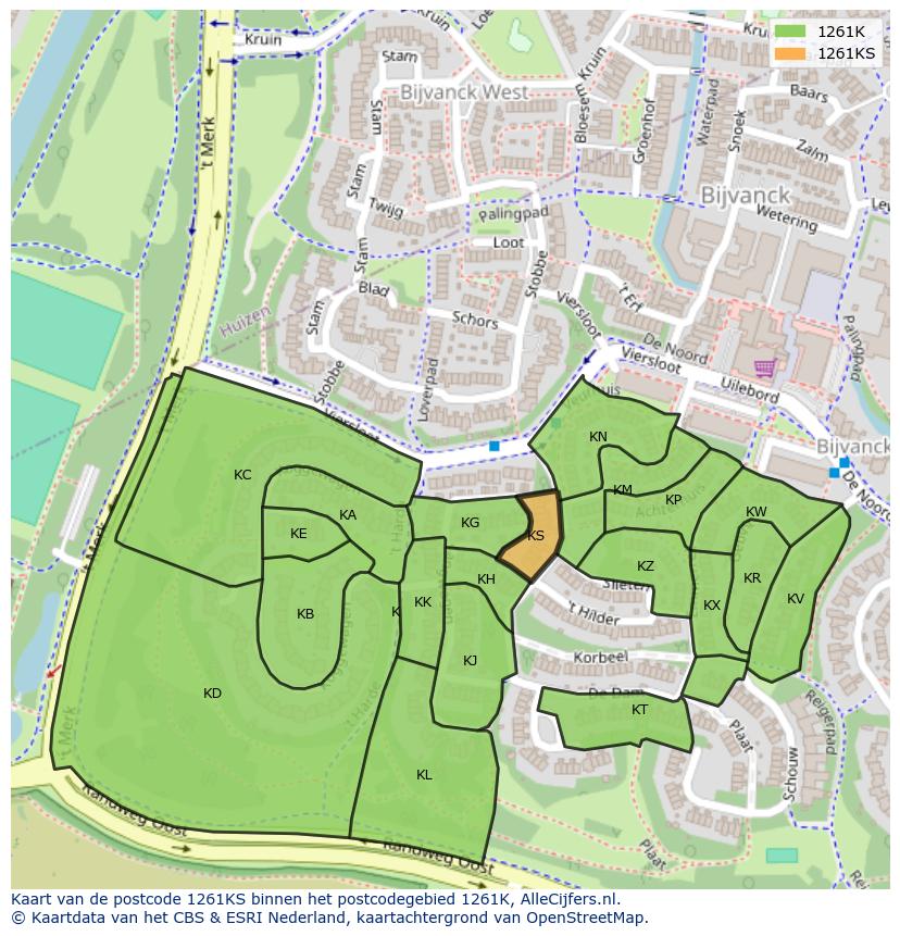 Afbeelding van het postcodegebied 1261 KS op de kaart.