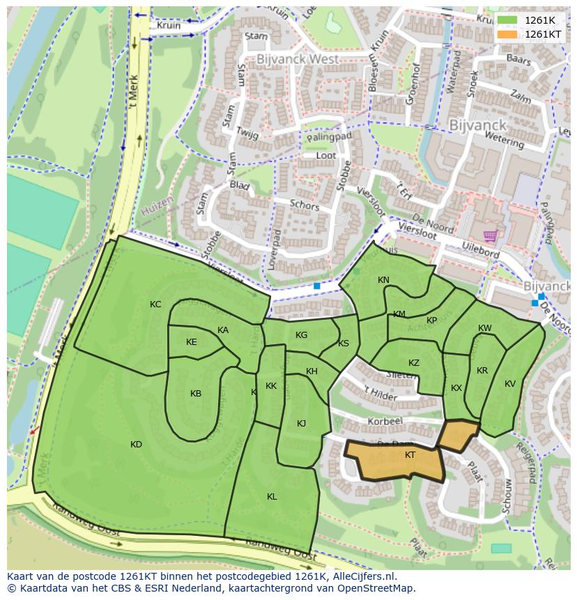 Afbeelding van het postcodegebied 1261 KT op de kaart.