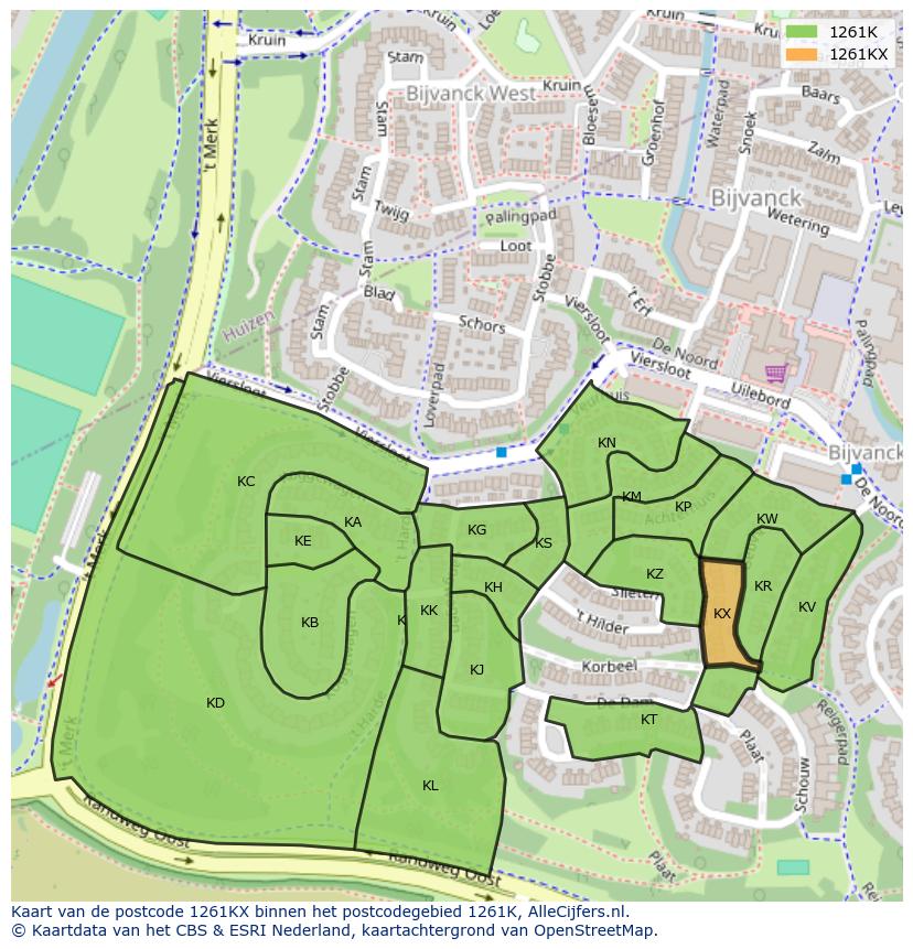 Afbeelding van het postcodegebied 1261 KX op de kaart.