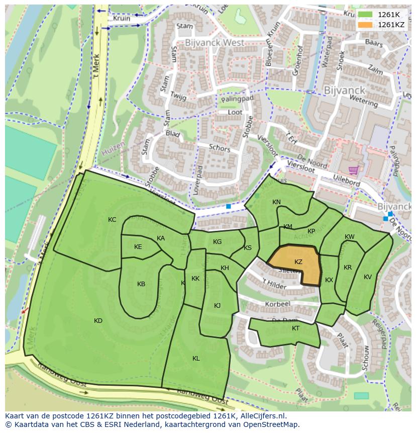 Afbeelding van het postcodegebied 1261 KZ op de kaart.