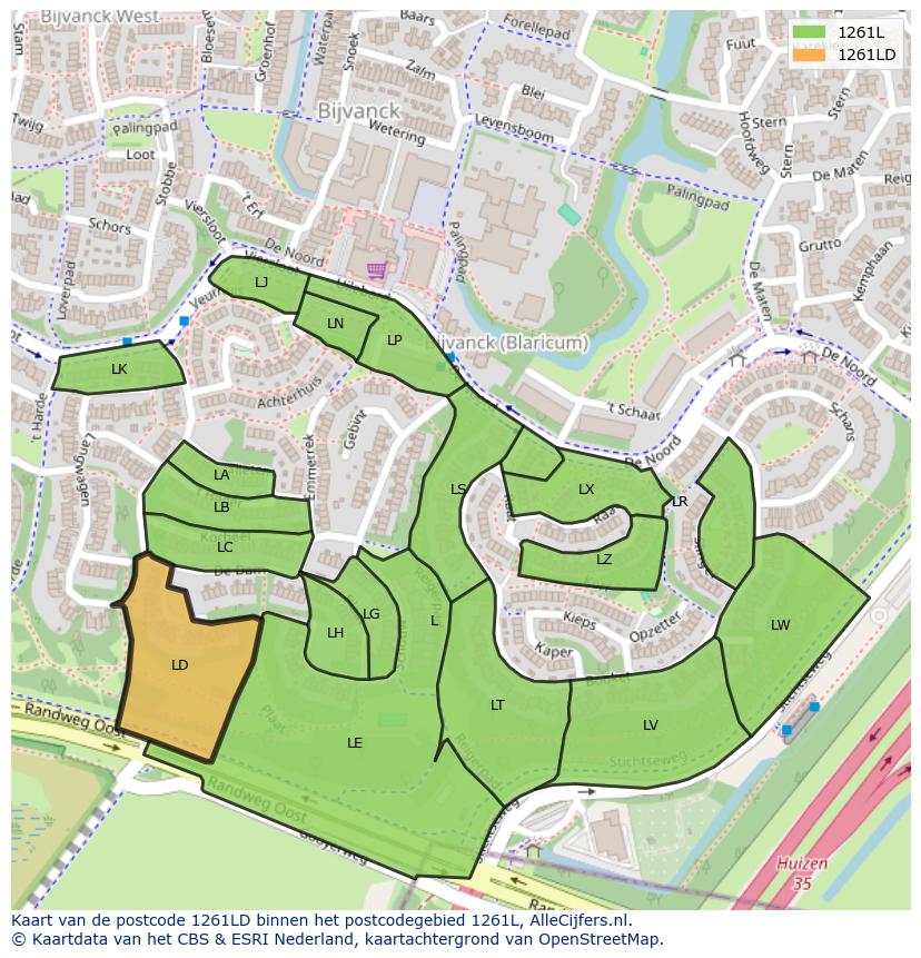 Afbeelding van het postcodegebied 1261 LD op de kaart.