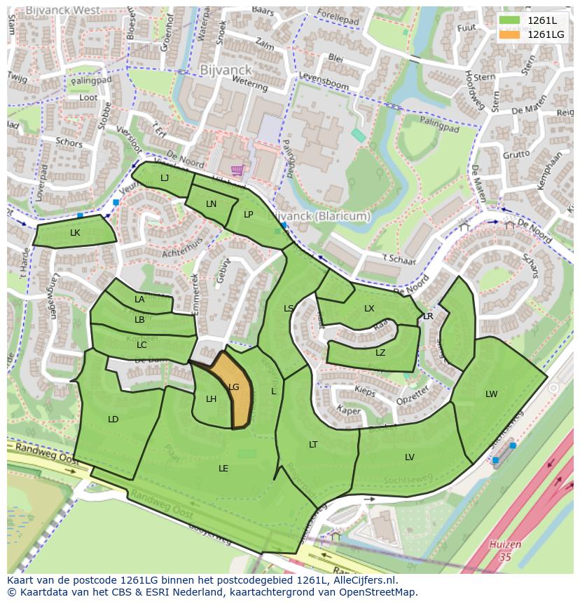 Afbeelding van het postcodegebied 1261 LG op de kaart.