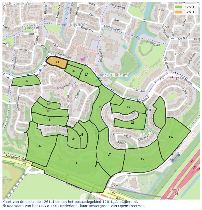 Afbeelding van het postcodegebied 1261 LJ op de kaart.