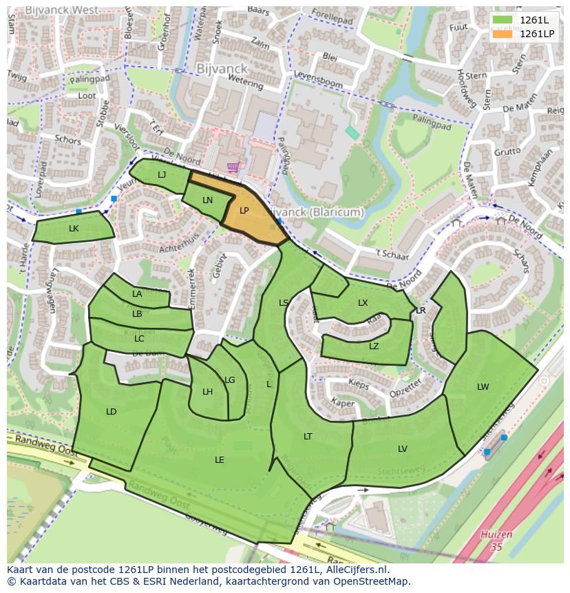 Afbeelding van het postcodegebied 1261 LP op de kaart.