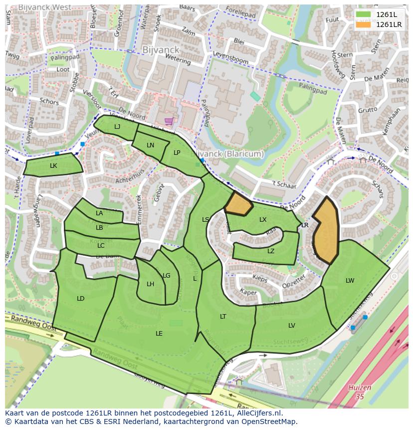 Afbeelding van het postcodegebied 1261 LR op de kaart.