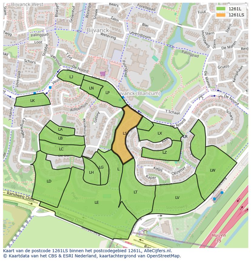Afbeelding van het postcodegebied 1261 LS op de kaart.
