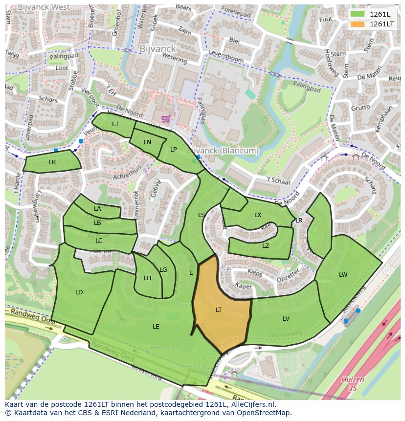 Afbeelding van het postcodegebied 1261 LT op de kaart.