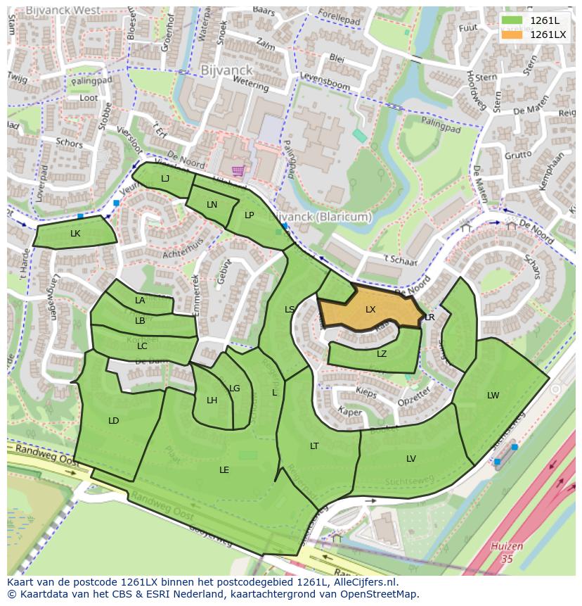 Afbeelding van het postcodegebied 1261 LX op de kaart.