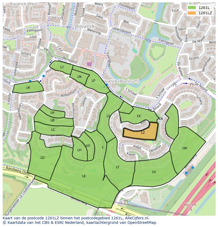 Afbeelding van het postcodegebied 1261 LZ op de kaart.