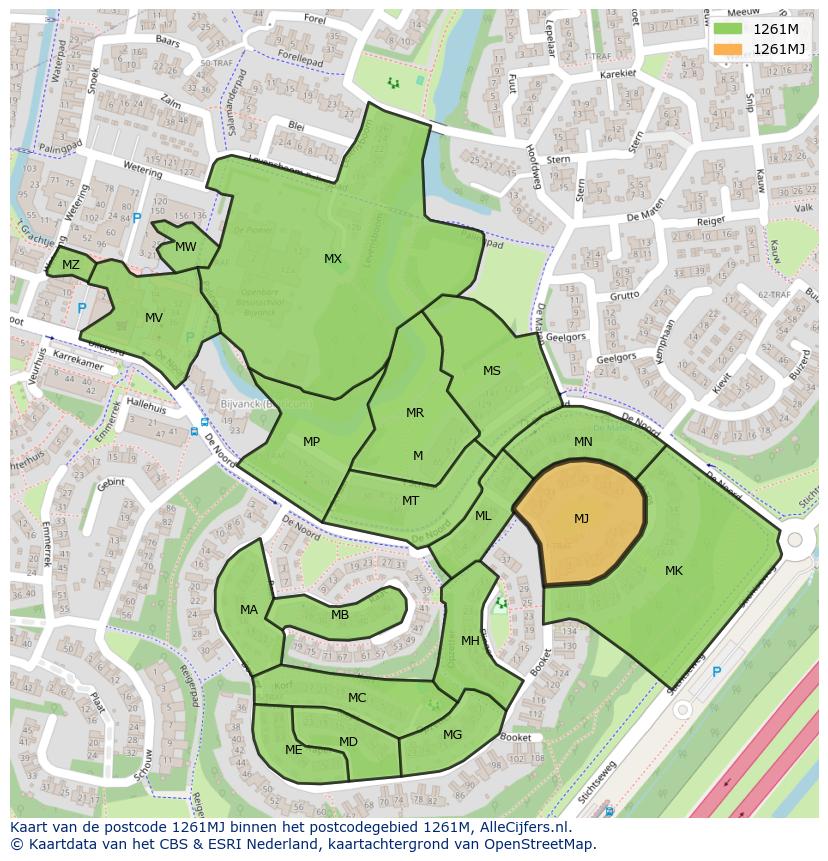 Afbeelding van het postcodegebied 1261 MJ op de kaart.