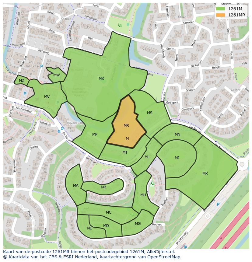 Afbeelding van het postcodegebied 1261 MR op de kaart.