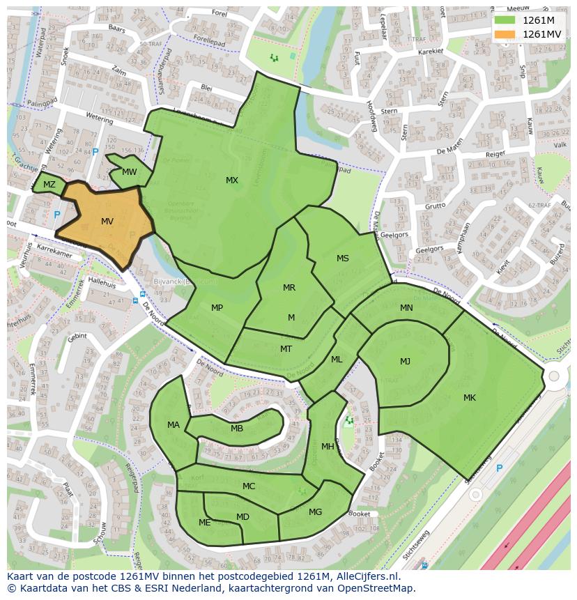 Afbeelding van het postcodegebied 1261 MV op de kaart.