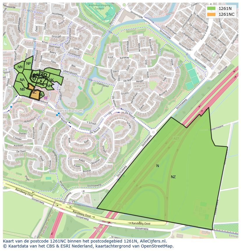 Afbeelding van het postcodegebied 1261 NC op de kaart.