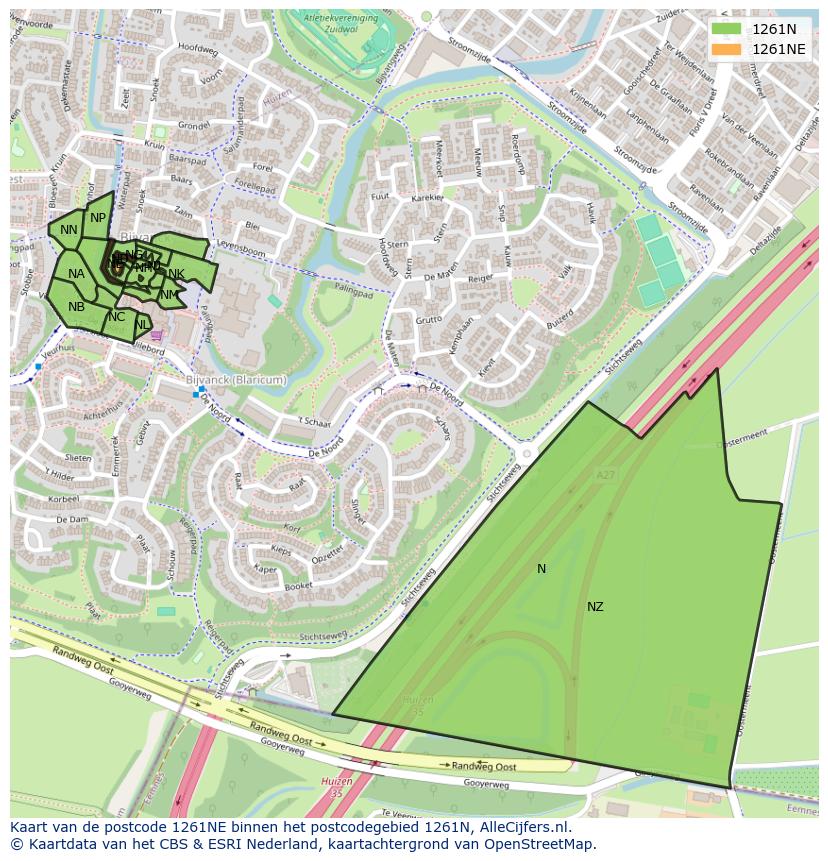 Afbeelding van het postcodegebied 1261 NE op de kaart.