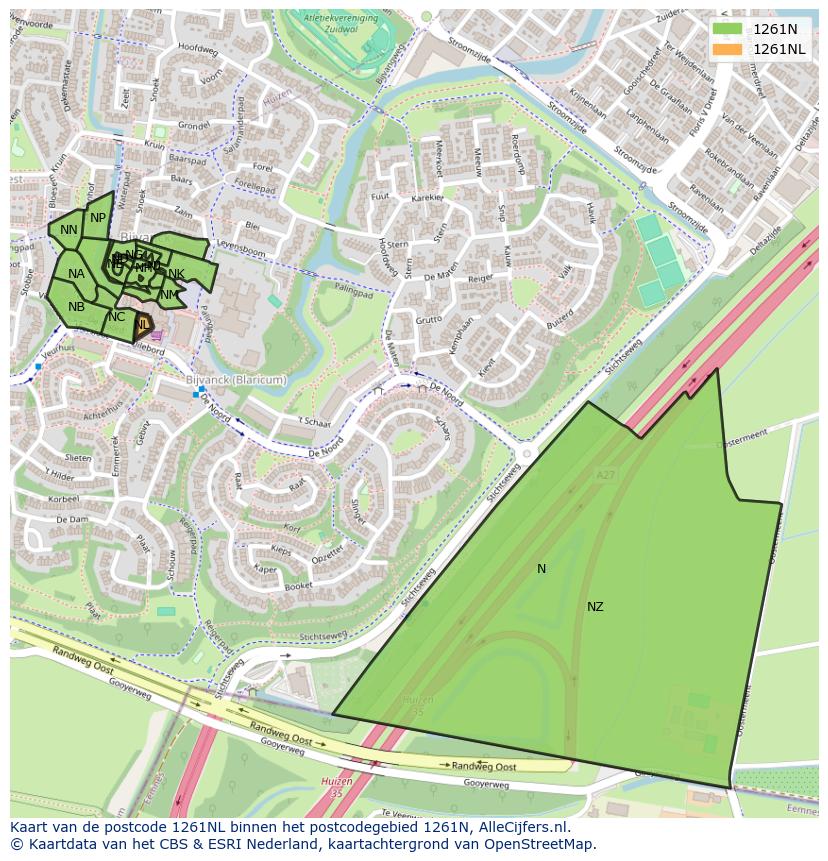 Afbeelding van het postcodegebied 1261 NL op de kaart.