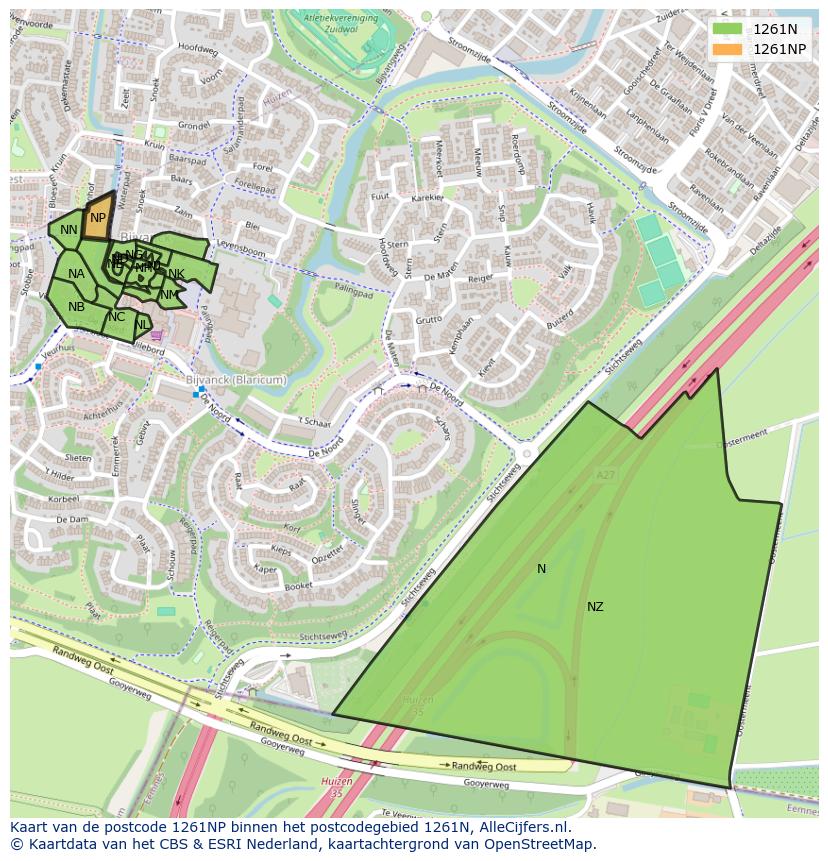 Afbeelding van het postcodegebied 1261 NP op de kaart.