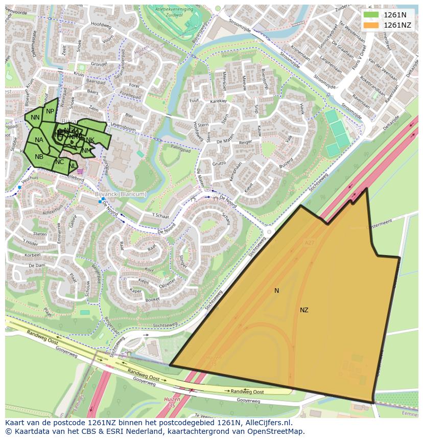 Afbeelding van het postcodegebied 1261 NZ op de kaart.