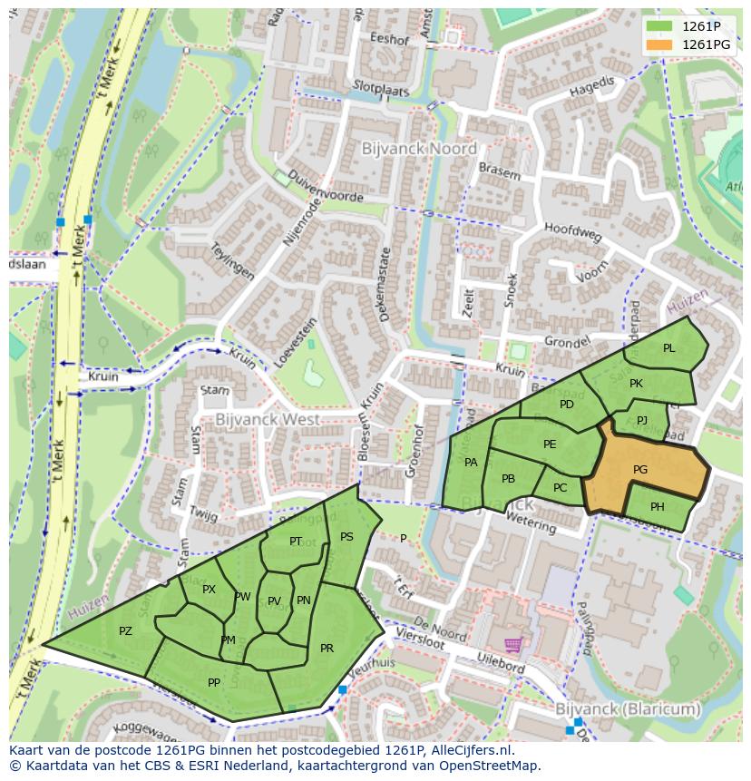 Afbeelding van het postcodegebied 1261 PG op de kaart.
