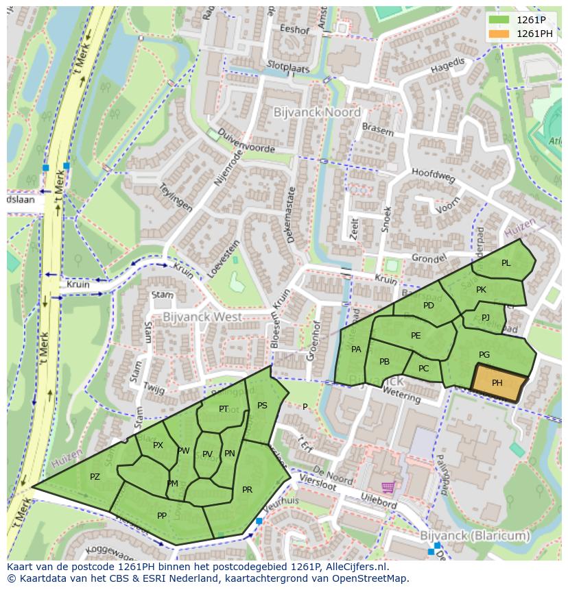 Afbeelding van het postcodegebied 1261 PH op de kaart.