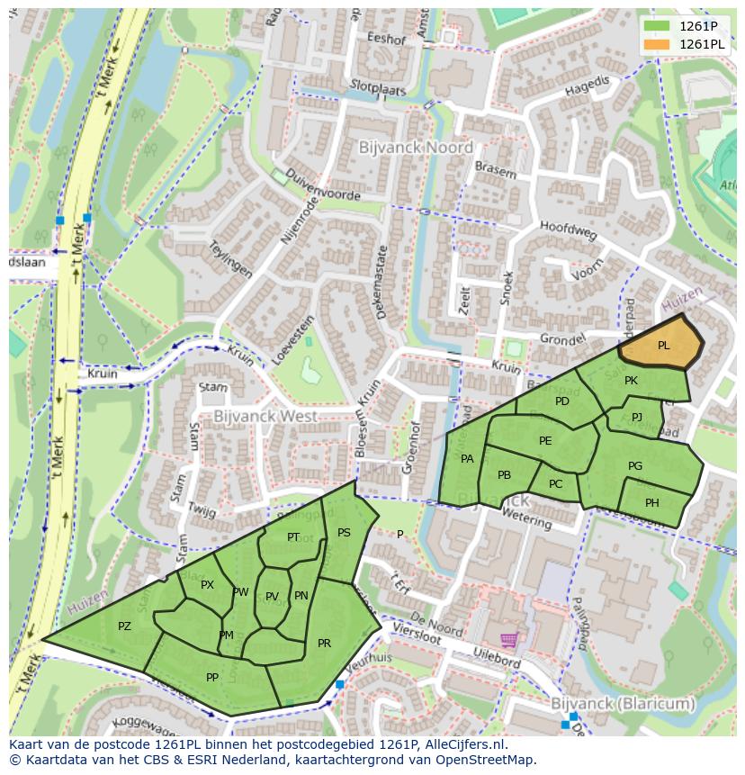 Afbeelding van het postcodegebied 1261 PL op de kaart.