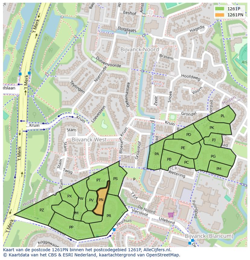 Afbeelding van het postcodegebied 1261 PN op de kaart.