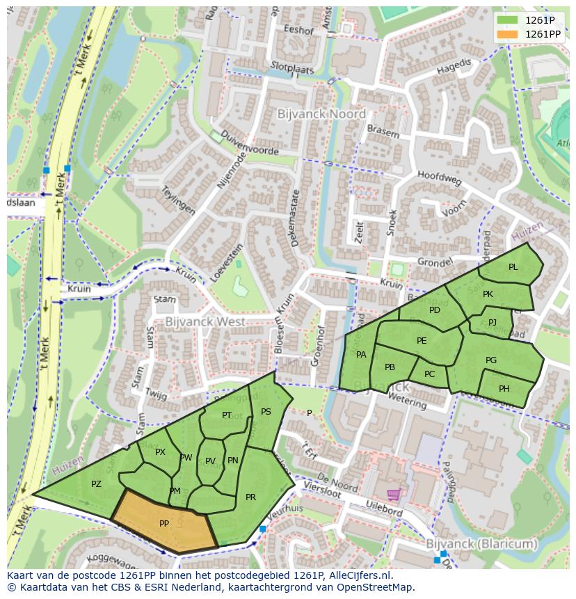 Afbeelding van het postcodegebied 1261 PP op de kaart.