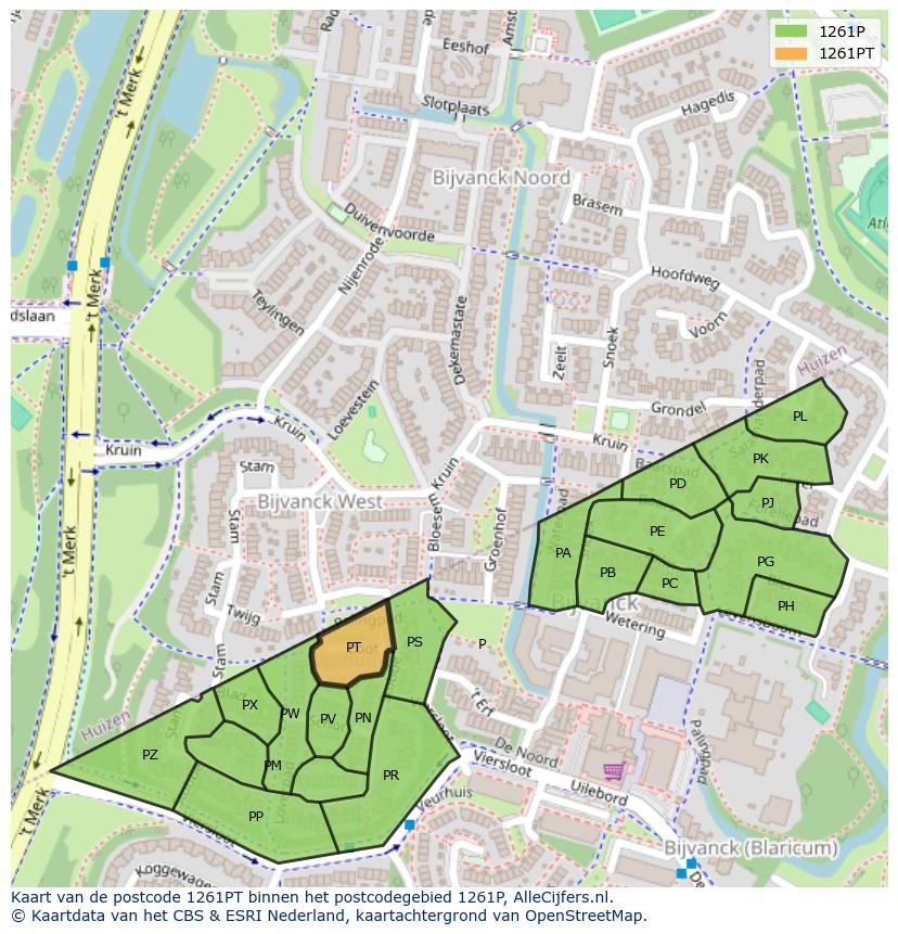 Afbeelding van het postcodegebied 1261 PT op de kaart.