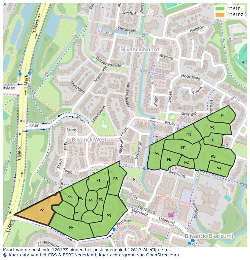 Afbeelding van het postcodegebied 1261 PZ op de kaart.