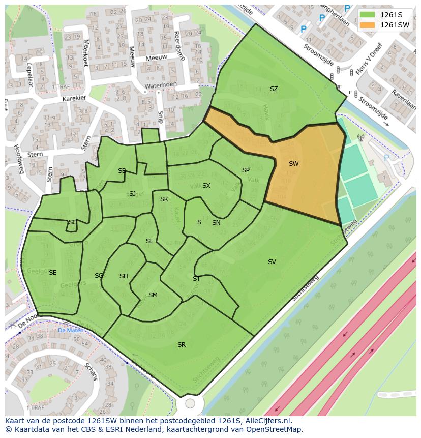 Afbeelding van het postcodegebied 1261 SW op de kaart.