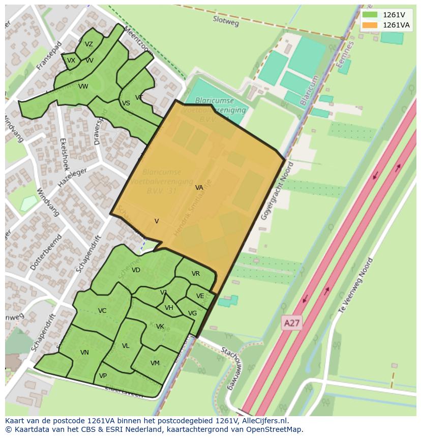 Afbeelding van het postcodegebied 1261 VA op de kaart.