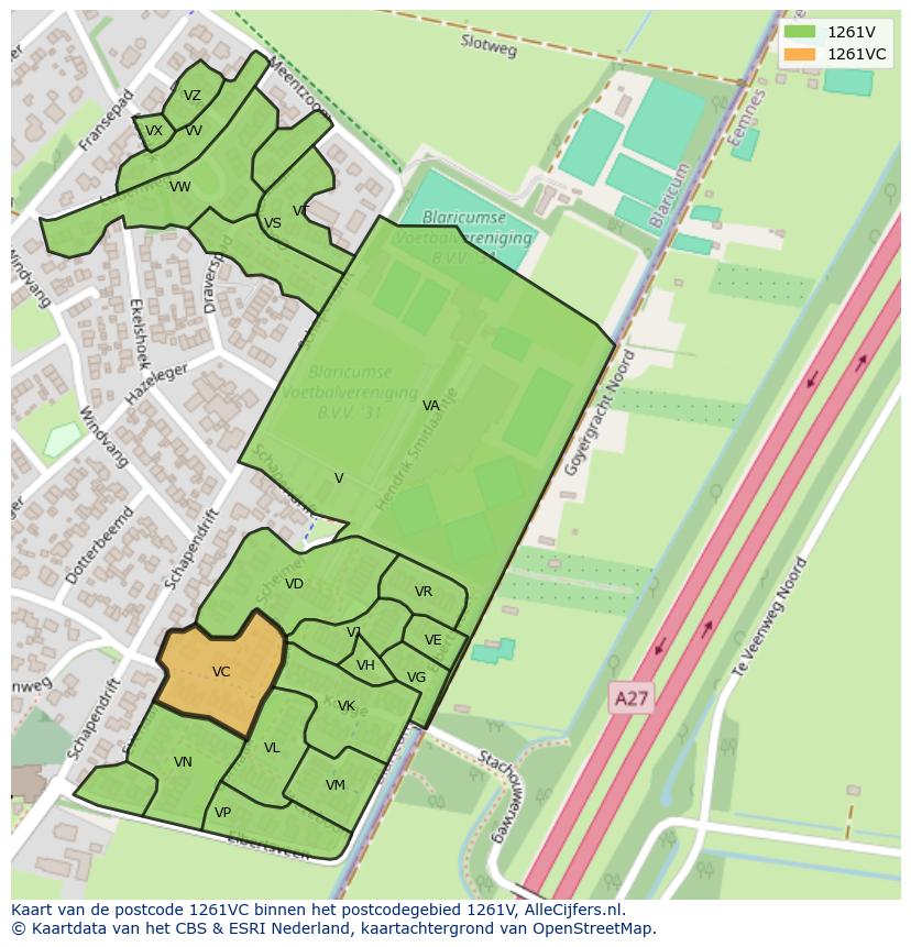Afbeelding van het postcodegebied 1261 VC op de kaart.