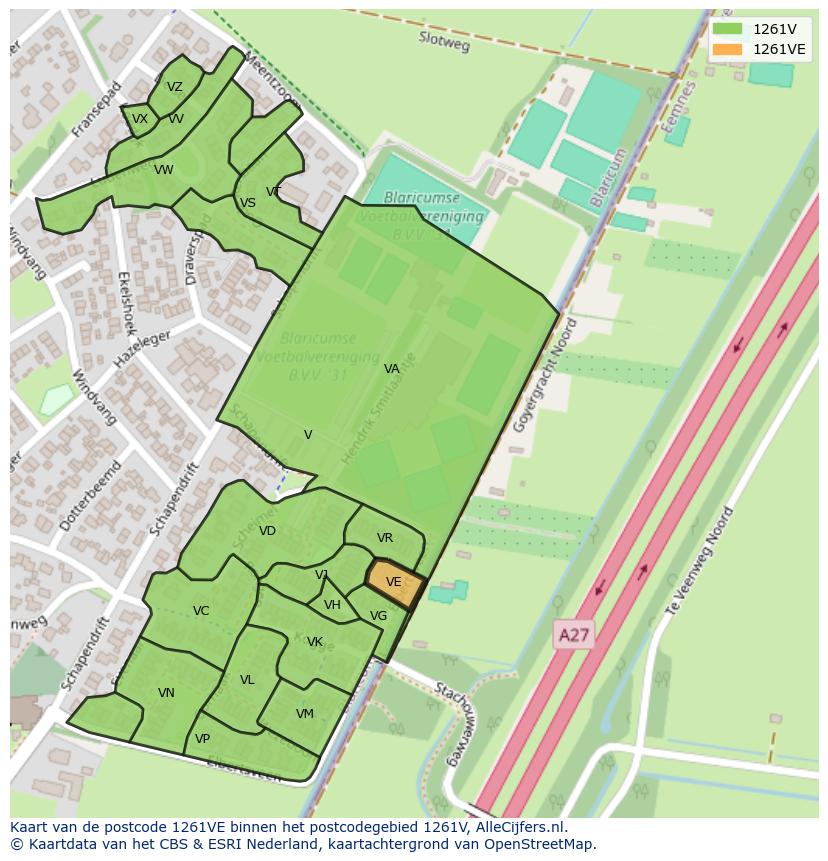 Afbeelding van het postcodegebied 1261 VE op de kaart.