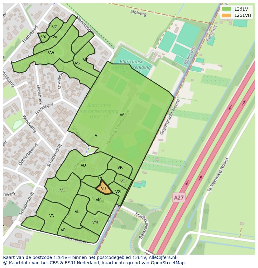 Afbeelding van het postcodegebied 1261 VH op de kaart.