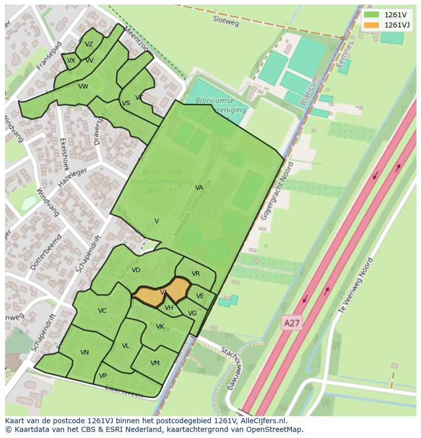 Afbeelding van het postcodegebied 1261 VJ op de kaart.