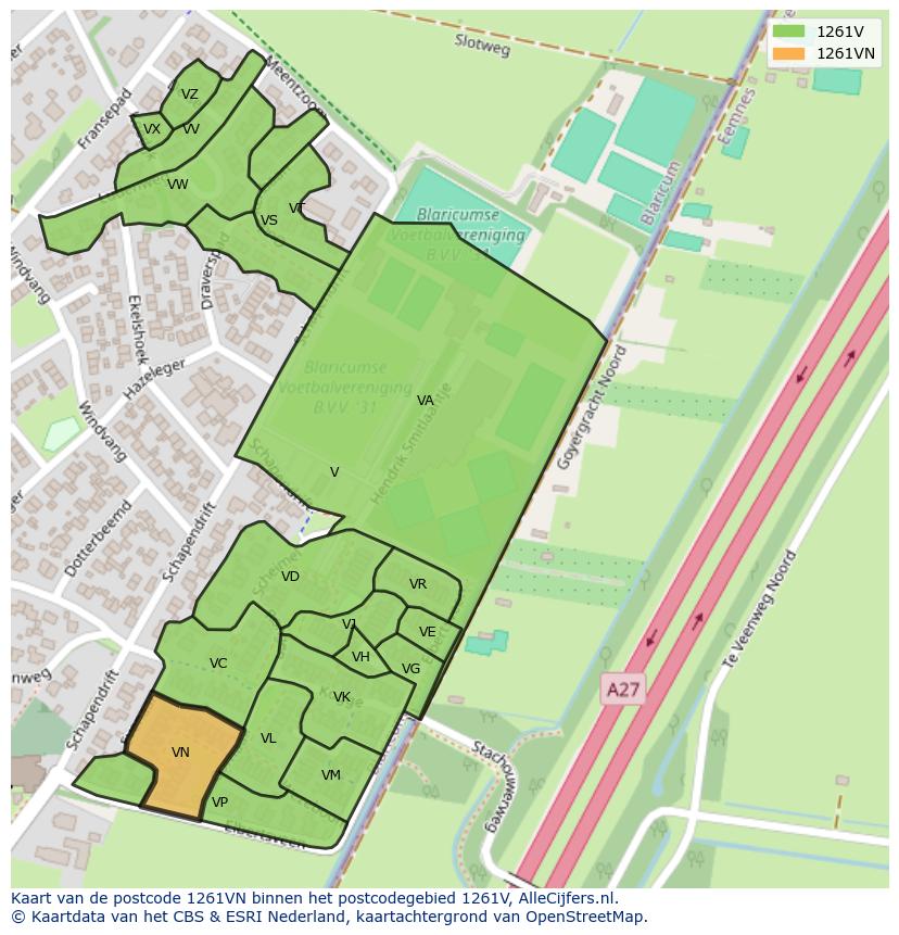 Afbeelding van het postcodegebied 1261 VN op de kaart.