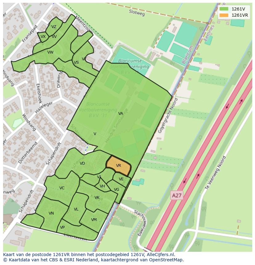 Afbeelding van het postcodegebied 1261 VR op de kaart.