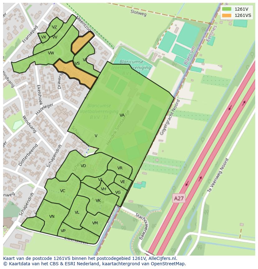 Afbeelding van het postcodegebied 1261 VS op de kaart.