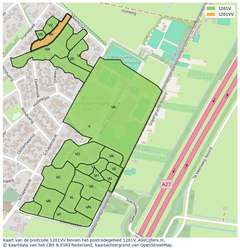 Afbeelding van het postcodegebied 1261 VV op de kaart.