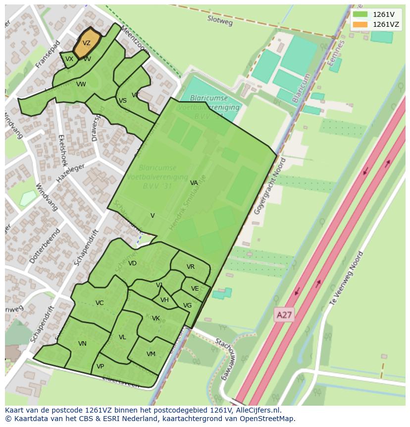 Afbeelding van het postcodegebied 1261 VZ op de kaart.