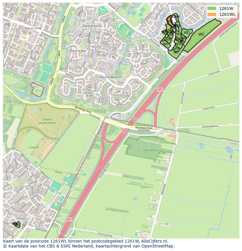 Afbeelding van het postcodegebied 1261 WL op de kaart.