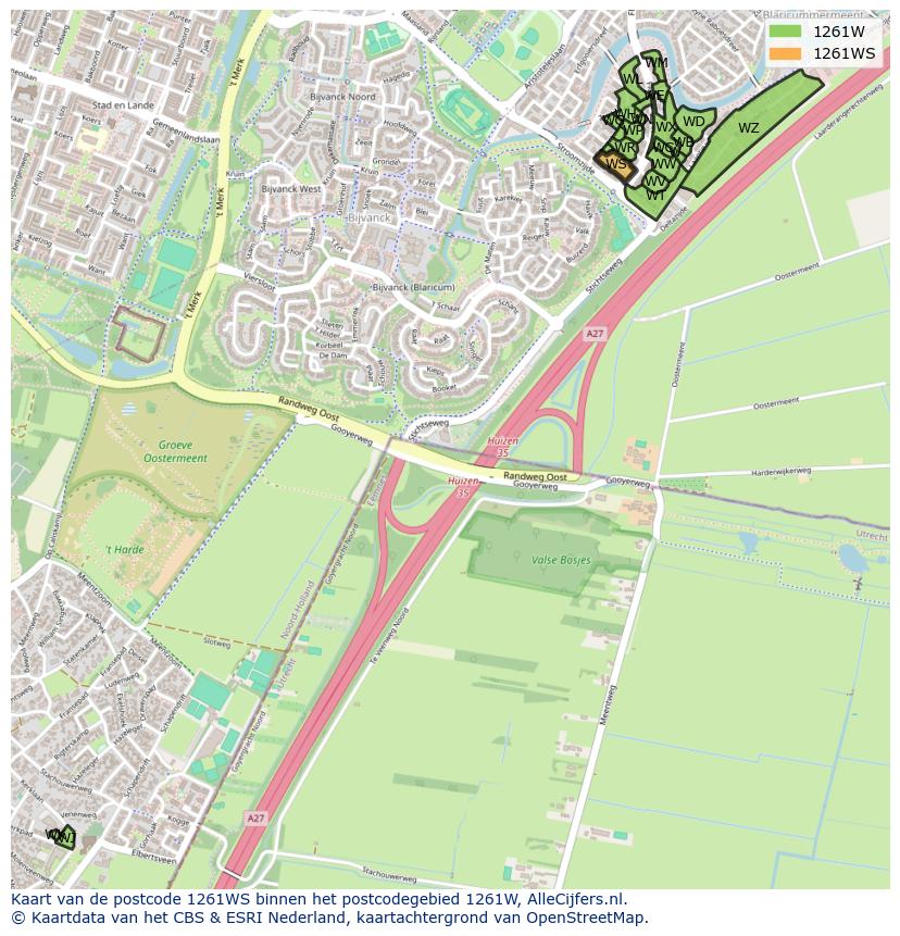 Afbeelding van het postcodegebied 1261 WS op de kaart.