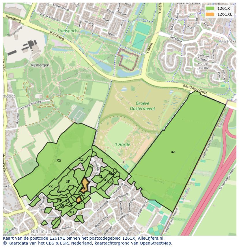 Afbeelding van het postcodegebied 1261 XE op de kaart.