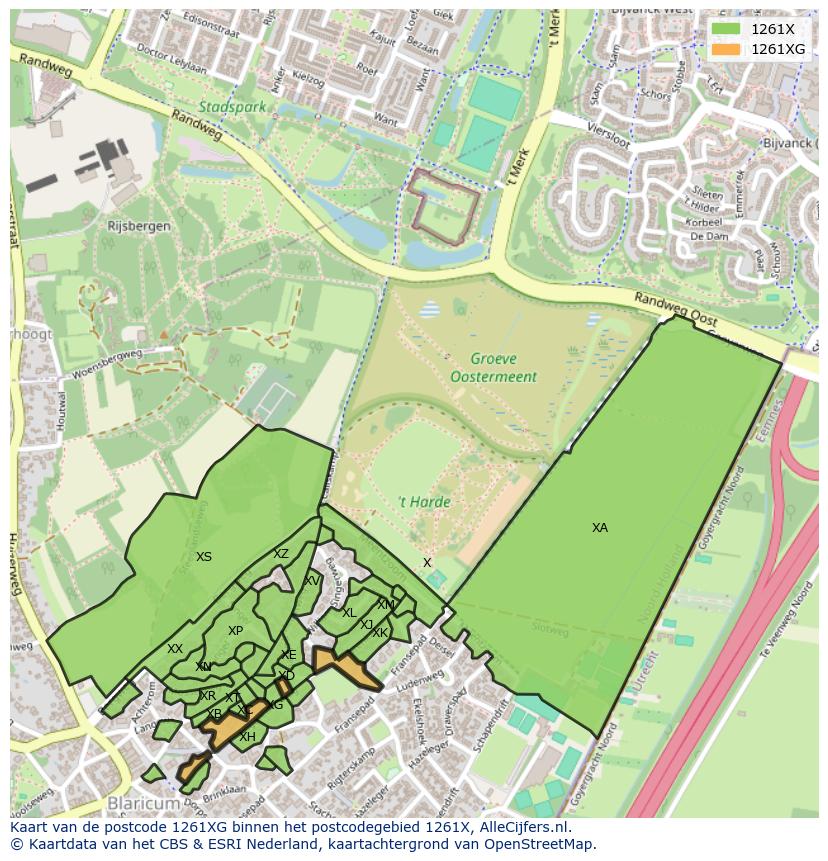 Afbeelding van het postcodegebied 1261 XG op de kaart.