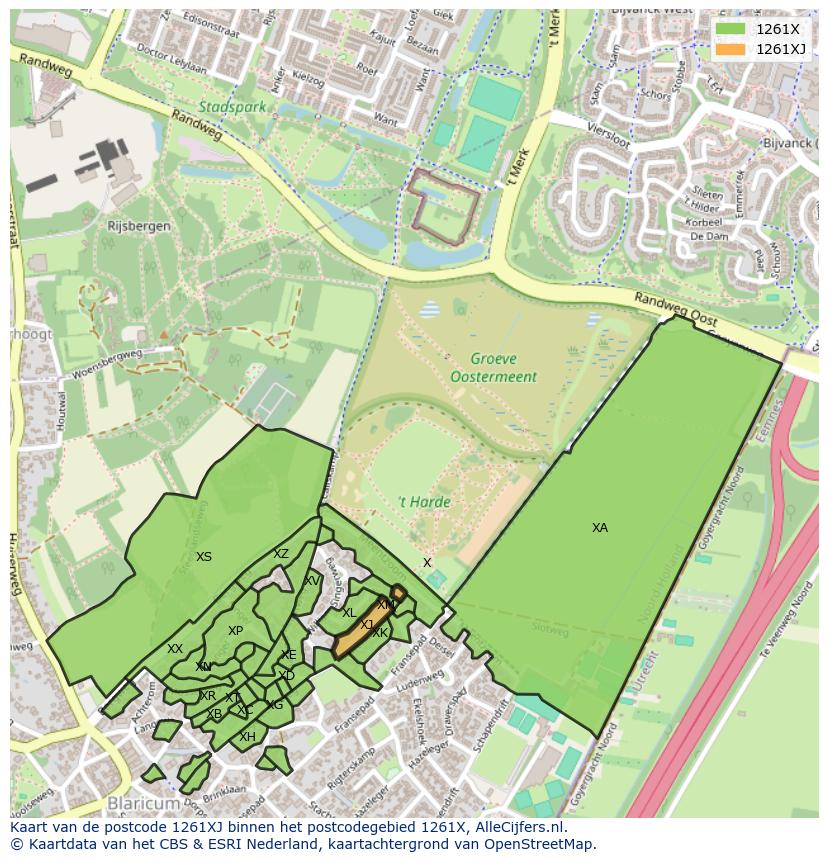 Afbeelding van het postcodegebied 1261 XJ op de kaart.