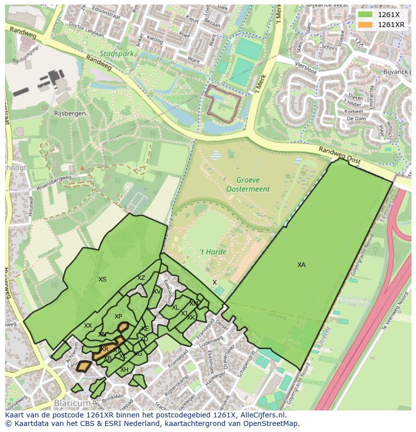 Afbeelding van het postcodegebied 1261 XR op de kaart.